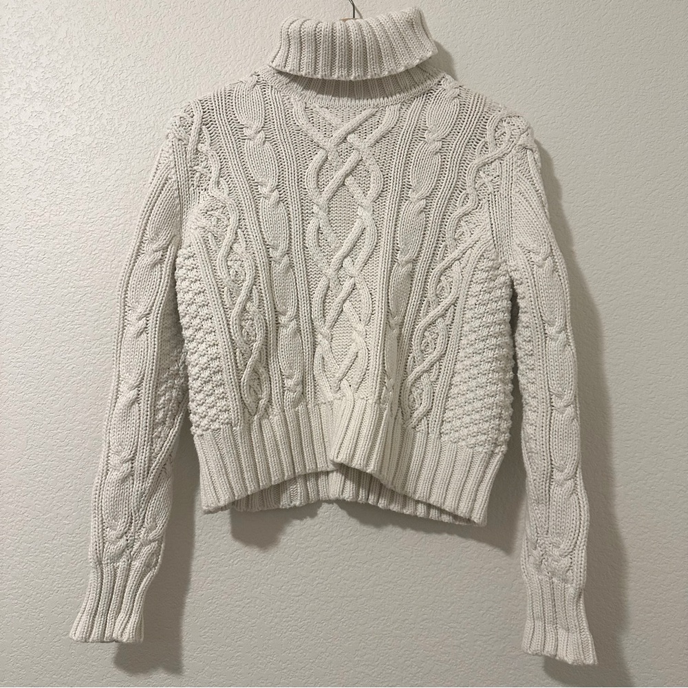 Lands’ End Cable Knit Braided 100% Cotton Drifter Turtleneck Sweater